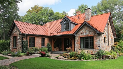 Brick cottage house with a red roof