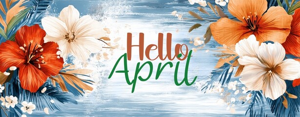 Hello April summer background, tropical Hello April lettering, vibrant Hello April floral theme. Modern typography of summer beach for Hello April text.