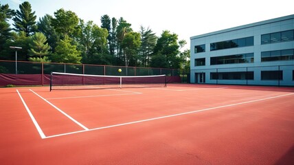 Outdoor Tennis Court Red Clay Modern Building Background