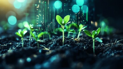 A cutting-edge digital finance hub with fluctuating stock values and technical indicators, appearing as an overlay above a natural ecosystem with fresh sprouts pushing through moist soil 
