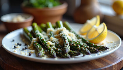 a close-up of grilled asparagus sprinkled with freshly grated parmesan, served on a white plate with lemon wedges and black peppe
