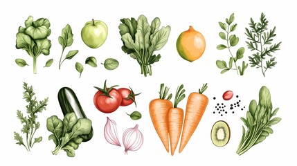 Fototapeta premium A set of fresh organic raw vegetables and herbs isolated on white 
