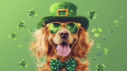 St patrick's day happy dog in glasses and green hat 