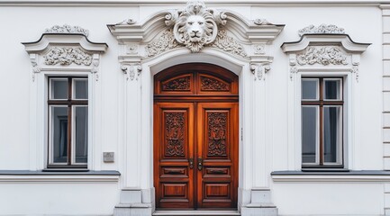 Elegant Entrance: A stately entrance featuring a grand wooden door with intricate carvings, flanked by symmetrical windows and ornate architectural details.