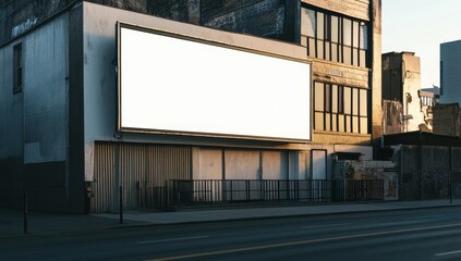 Blank billboard on urban storefront.  Exterior view of a city street with an empty billboard mounted on a building facade.  Urban setting with faded paint and graffiti on the structure