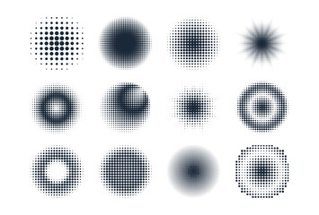 Collection of circular halftone patterns featuring black dot gradients. Geometric halftone designs for backgrounds, shading, and decorative elements.
