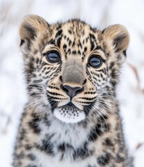 Obraz premium Cute Leopard Cub with Beautiful Fur and Distinctive Spots in Snowy Environment Captured in Close-Up Portrait Style