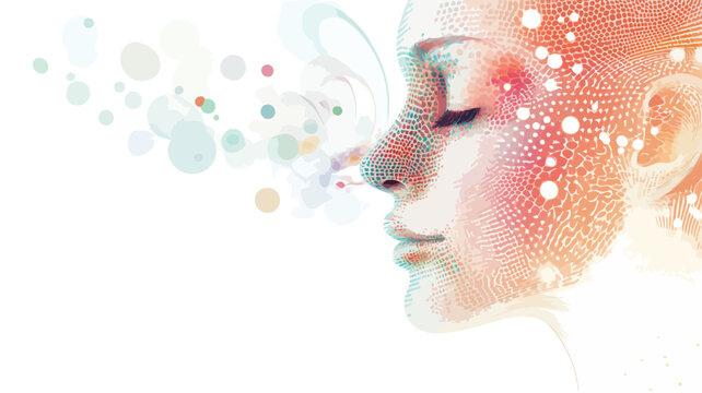 The image is a stylized portrait of a woman's profile, rendered in a watercolor or painterly style.  The color palette is predominantly soft pastels of peach, white, and light blue.  The woman's