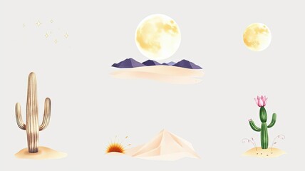 Desert Landscape Cacti Moon Stars Mountains Sand Dunes Botanical Illustration