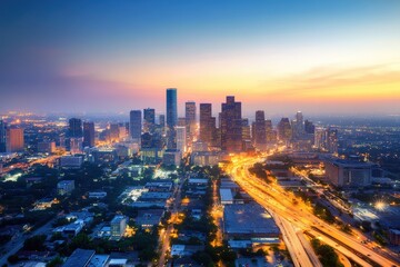 A stunning skyline at sunset, showcasing a vibrant city with illuminated buildings and a flowing highway beneath a colorful sky.