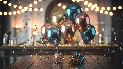 A festive celebration scene with metallic gold, copper, and blue helium balloons tied to elegant weights on a rustic wooden table. The background features a soft-focus bokeh effect with warm