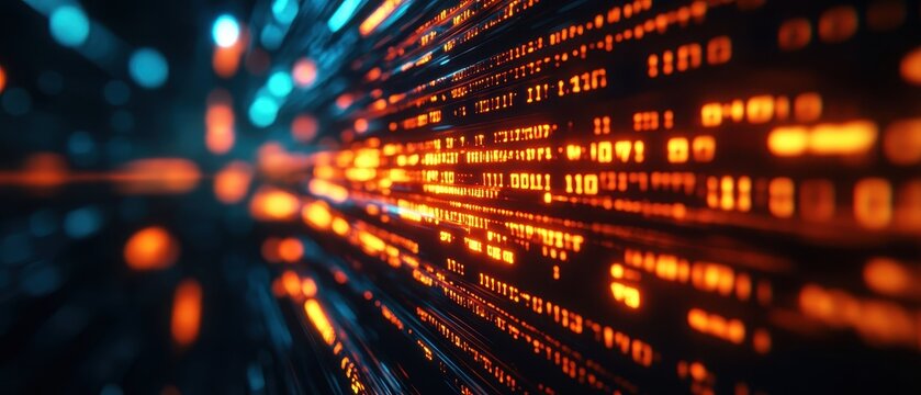 A vibrant abstract representation of flowing data streams, showcasing a blend of orange and blue digital elements against a dark backdrop.