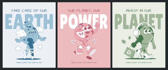 Earth day posters with groovy characters. Monochrome palette. Vector illustration.
