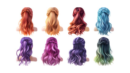 Eight examples of long, wavy, brightly colored hair extensions showcase fashion versatility for beauty product promotion or styling guide designs.