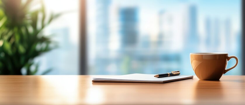 A cozy workspace featuring a coffee cup, a notebook, and a blurred cityscape in the background, creating a warm, inviting atmosphere.