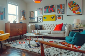 Mid-Century Modern Living Room Interior Design: Stylish Sofa, Colorful Artwork, and Geometric Rug Decorated with Vibrant Throw Pillows, Creating a Retro and Chic Atmosphere.