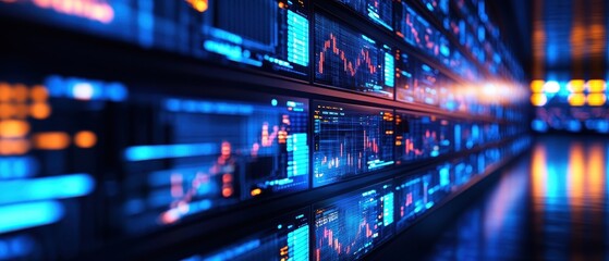 Fototapeta premium A futuristic data center with illuminated server racks showcasing vibrant blue and orange lights.