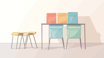 The image depicts a minimalist scene with a simple rectangular table and four pastel-colored chairs.  Three pastel-colored boxes are arranged on top of the table. The chairs are light-colored with