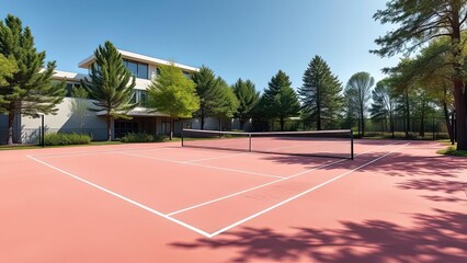 Pink Tennis Court Modern Building Green Trees Outdoor Sport