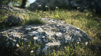 Mossy Rock Surrounded by Wildflowers in Sunny Natural Setting