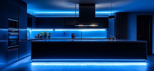Obraz premium Sleek Modern Kitchen Interior with Striking Blue LED Lighting Design