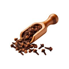 Wooden spoon of clove spice on transparent background