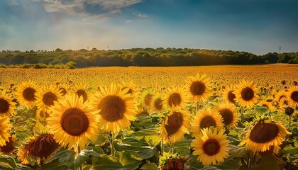 Fototapeta premium golden sunflower field bloom closeup summer