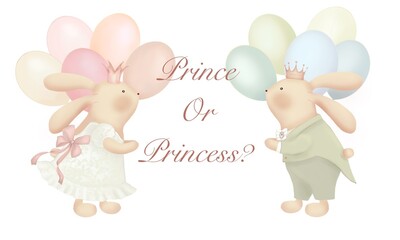 Illustration card  for gender party. “Prince or Princess?” with bunny, inflatable balloons, white background. Perfect for card, invitation, printing,  wrapping, postcard, Baby shower, Birthday. 