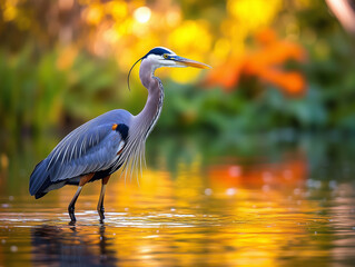 Naklejka premium Majestic great blue heron with golden hour light, shallow water reflections, vibrant orange flowers in background, 
