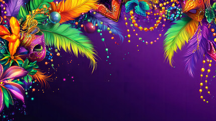 Large Mardi Gras themed banner with gradient background illustration from purple to green, decorative elements in the form of beads, masks and colorful feathers decorate the edges, Ai generated images