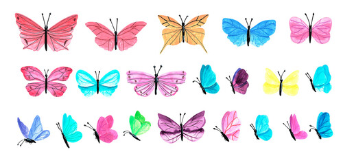 Set of butterflies isolated on a white background. Watercolor. Illustration. Template, blue, yellow, pink, purple and cyan butterfly spring illustration.
