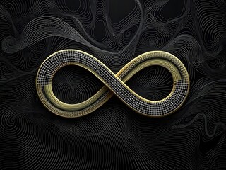 Fototapeta premium Abstract Infinity Symbol with Golden Texture and Black Wavy Lines Background.