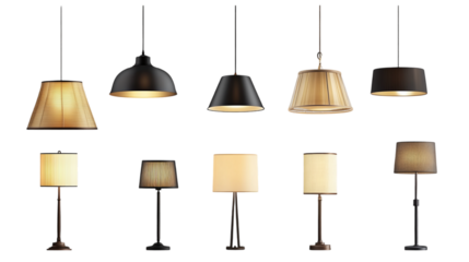Hanging and floor lamps collection with various styles, isolated on transparent background