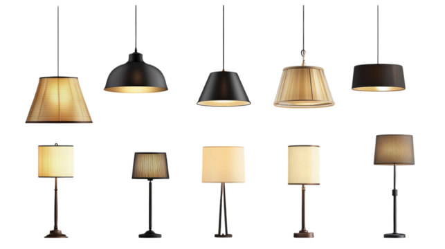 Hanging and floor lamps collection with various styles, isolated on transparent background - Powered by Adobe