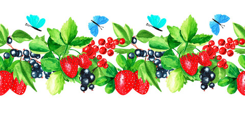 Watercolor illustration, hand drawn seamless border on a white background. Red currant, black currant, strawberry, butterflies, twigs, leaves 
