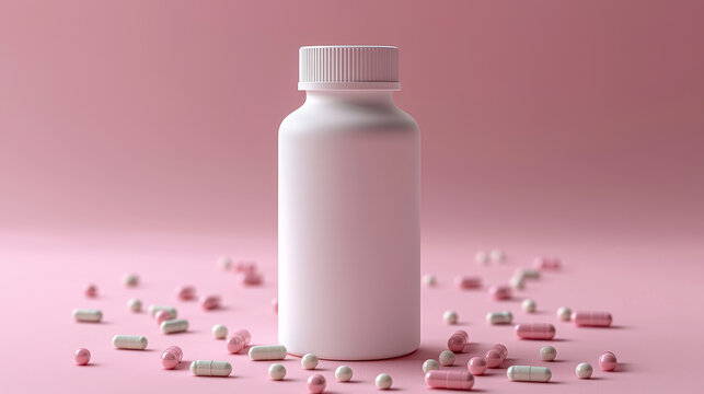 Realistic Mockup white supplement bottle surrounded by pink and white capsules on pastel pink background