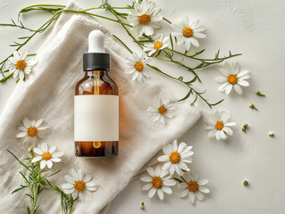 Mockup Realistic soothing chamomile facial toner in glass dropper bottle surrounded by fresh chamomile flowers