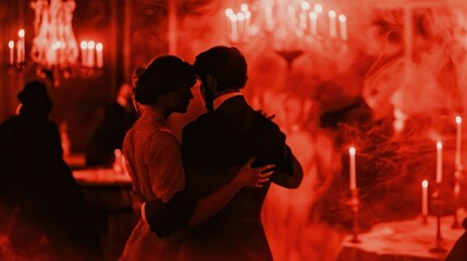 Fototapeta premium A haunted Victorian ballroom with elegantly dressed spirits waltzing under cobwebbed chandeliers and flickering candlelight 