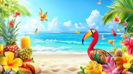 Tropical Beach Paradise: Vibrant Toucan, Pineapple, and Ocean Serenity