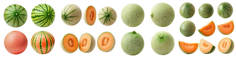 This vibrant image showcases an array of diverse melons including watermelons cantaloupes and other melon varieties in varying sizes shapes and colors