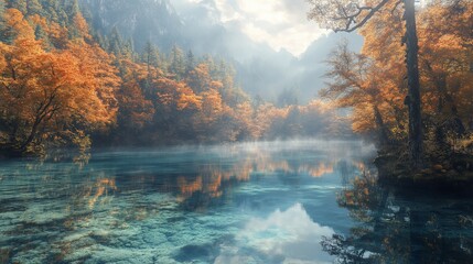 Naklejka premium Serene Autumn Landscape with Crystal Clear Lake Reflecting Golden Foliage