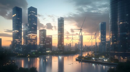 Futuristic City Skyline at Sunset with Reflections on Calm Water