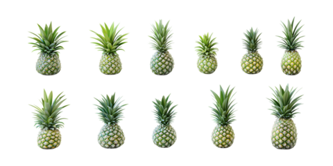 A variety of whole pineapples show different sizes and stages of ripeness arranged for comparative marketing on a transparent background.