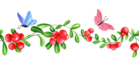 Watercolor illustration, hand drawn seamless border on a white background. Lingonberries, butterflies, twigs, leaves