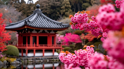 Pink Cherry Blossoms Frame Red Pagoda Temple