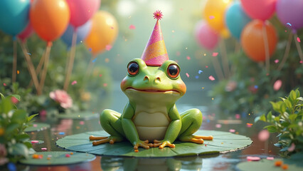 A cute green frog sitting on a lily pad wearing a party hat.