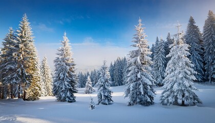 Obraz premium scenic image of snowy fir trees on a frosty day after a heavy snowfall