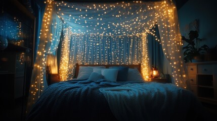Enchanting canopy bed adorned with fairy lights creating a cozy nighttime ambiance