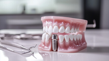 Showcased in a clean and sterile dental clinic environment, a dental implant model rests on a table, clearly highlighting the tooth crown and metal screw