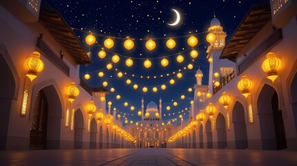 Obraz premium Nighttime festivities illuminate a grand courtyard adorned with lanterns and a crescent moon